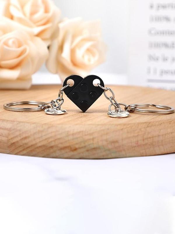 Unisex Cute Heart Shaped Keychain, 2pcs set Building Block Design Keychain for Couples & Friendship, Fashion Kawaii Accessories for Car Keys & Bag Charm