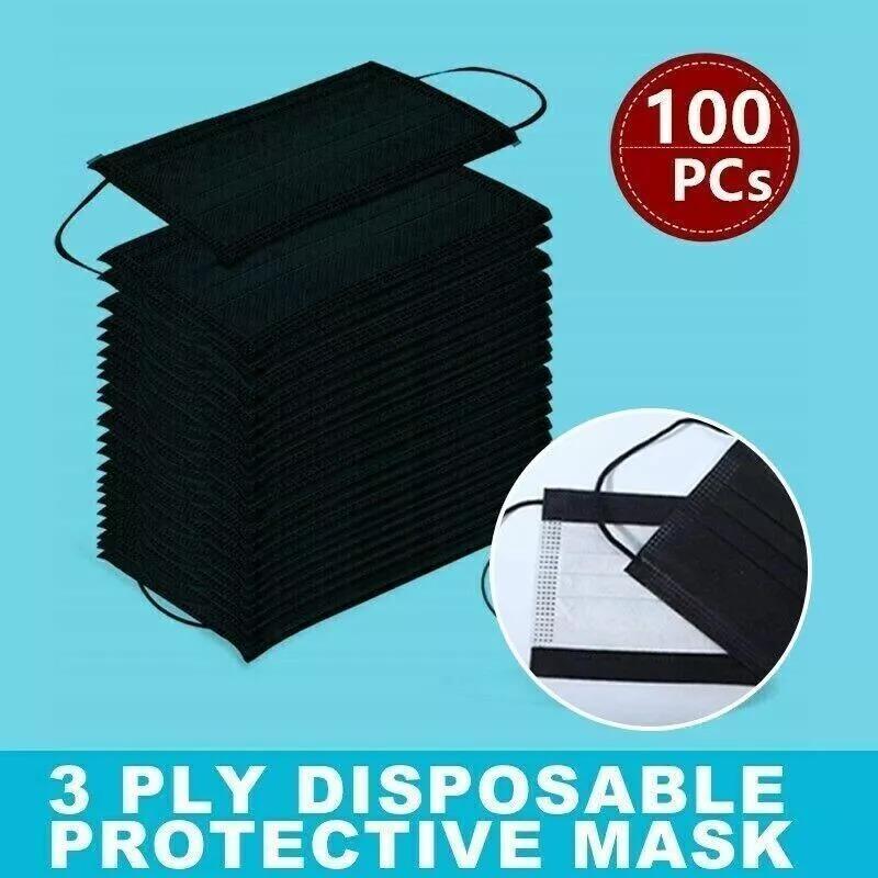 100 PCS Disposable Face Mask  3 Ply Ear loop Black Masks