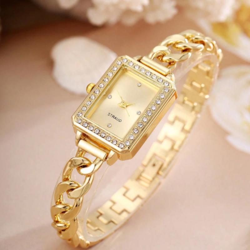 Ladies' Quartz Watch With Elegant Rectangular Dial, Rhinestone Embellished Cuff Bracelet Wristwatch