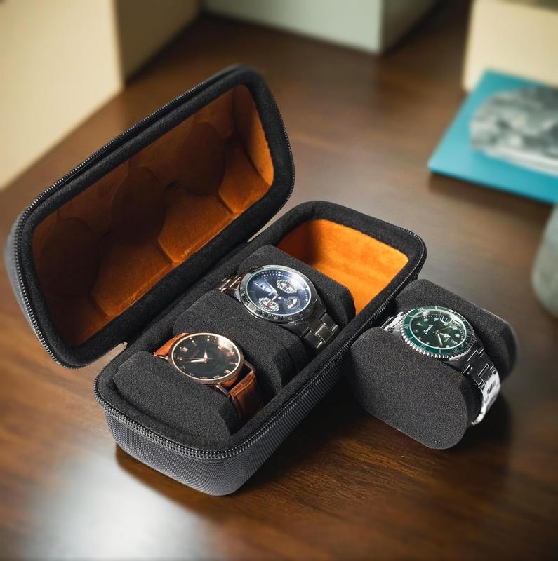 3 slots hard watch travel case, hard watch roll case for travel and storage with Microfiber Lining