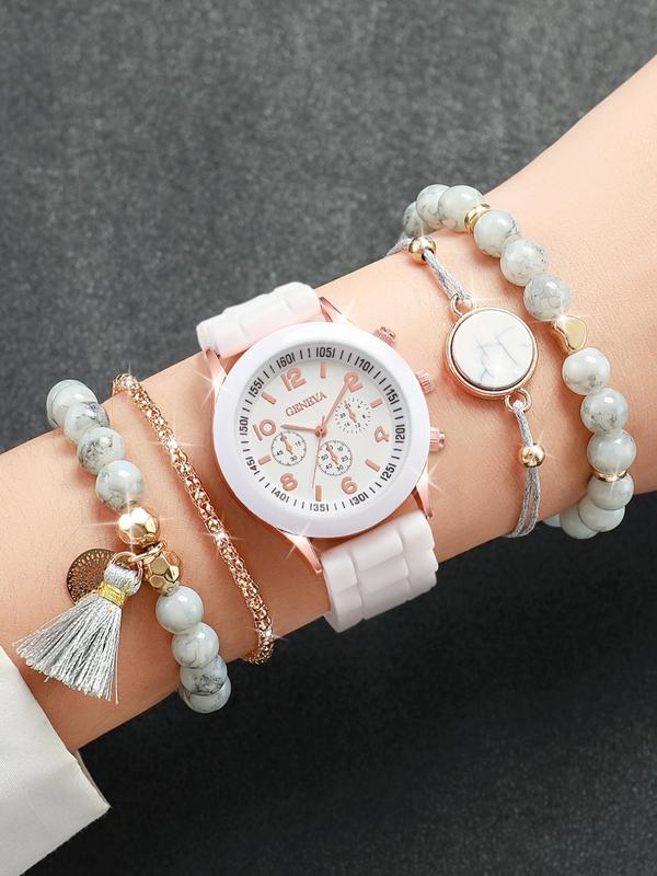 Women's Fashion Round Dial Quartz Watch and Beaded Bracelet Set, without Box, Fashion Watch & Jewelry for Party, Trendy All-match Watch for Gift