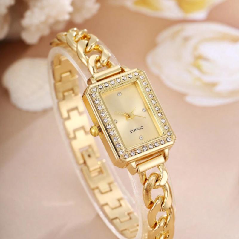 Ladies' Quartz Watch With Elegant Rectangular Dial, Rhinestone Embellished Cuff Bracelet Wristwatch