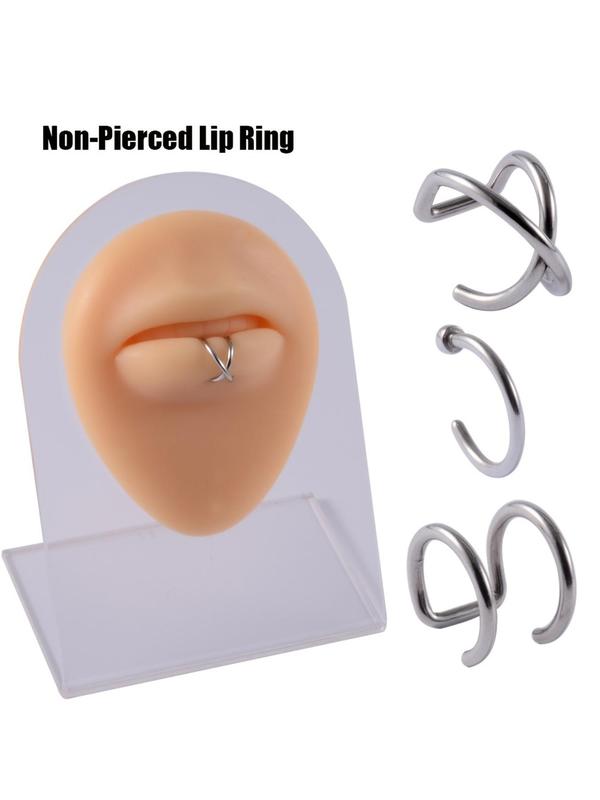 Cute Stainless Steel Fake Lip Ring, 3pcs Simple No Piercing Needed Body Jewelry for Boyfriend & Girlfriend, Exquisite Trendy Jewelry for Party Decor