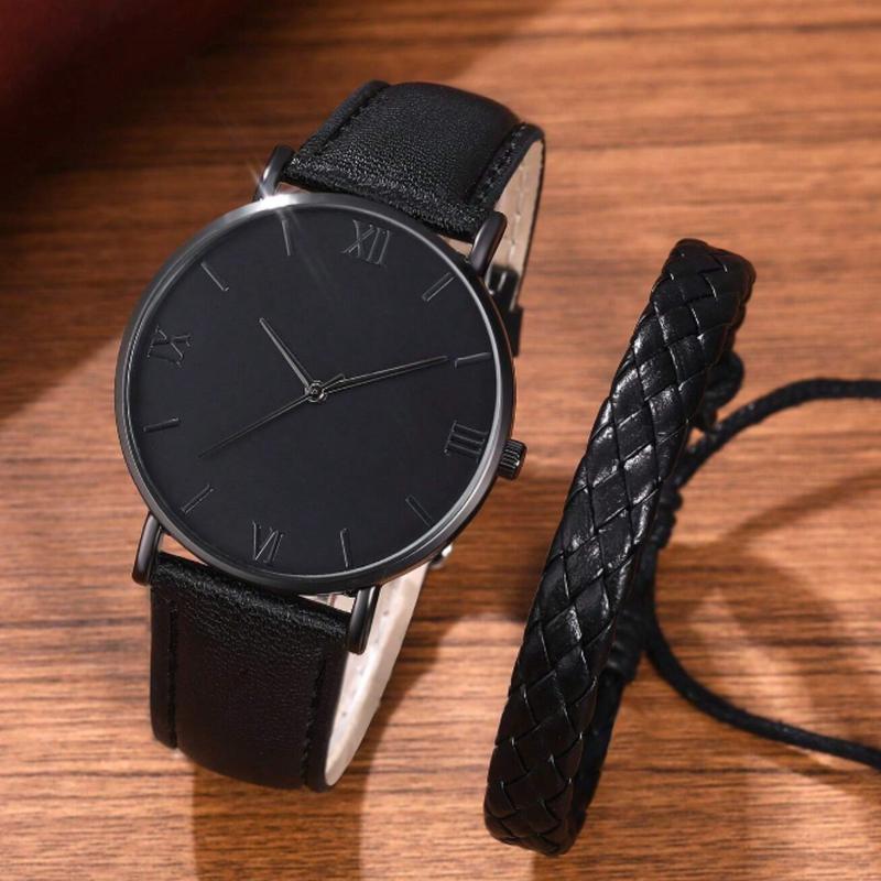 Men Watch 2pcs Set Men's Casual Black Quartz Watch And Bracelet Watch For Men Father's Day Gifts