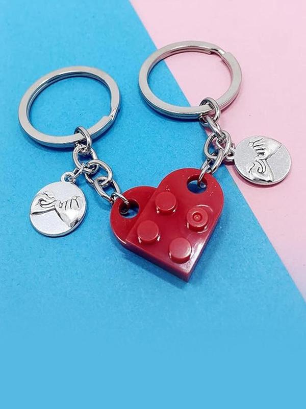 Unisex Cute Heart Shaped Keychain, 2pcs set Building Block Design Keychain for Couples & Friendship, Fashion Kawaii Accessories for Car Keys & Bag Charm