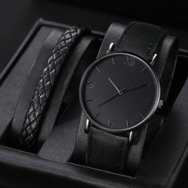 Men Watch 2pcs Set Men's Casual Black Quartz Watch And Bracelet Watch For Men Father's Day Gifts