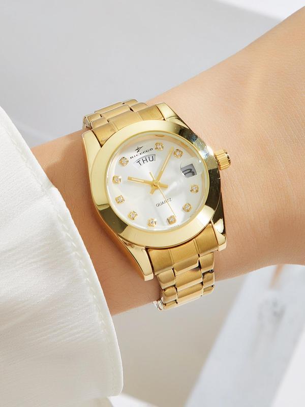 Women's Elegant Fashion Round Dial Stainless Steel Strap Quartz Watch, Fashion Watch for Party, Daily Clothing Decor, Trendy All-match & Exquisite Watch for Birthday Gift with Box