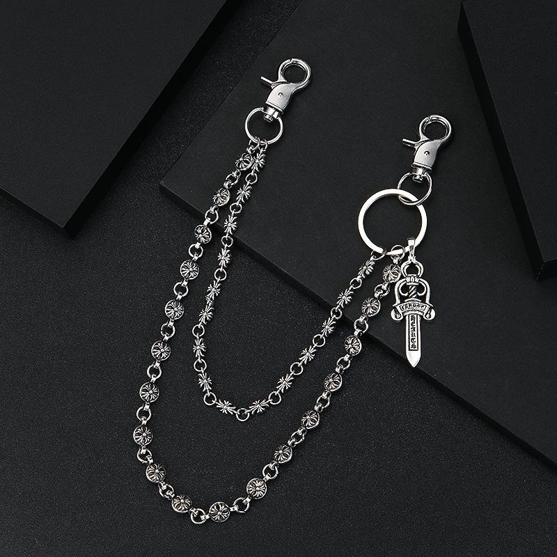 Hip hop trendy personalized stainless steel double-layer sword cross pants chain Hip hop cross retro domineering waist chain Personalized Retro