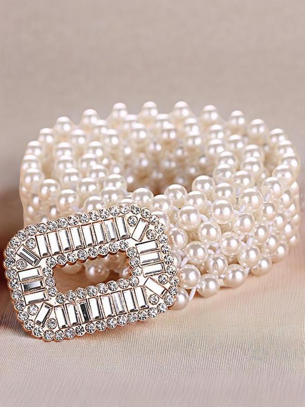 Women's Elegant Faux Pearl Decor Belt,  Trendy Exquisite Rhinestone Decor Elastic Belt Fashion Luxury Accessories for Party, Daily Clothing Decor