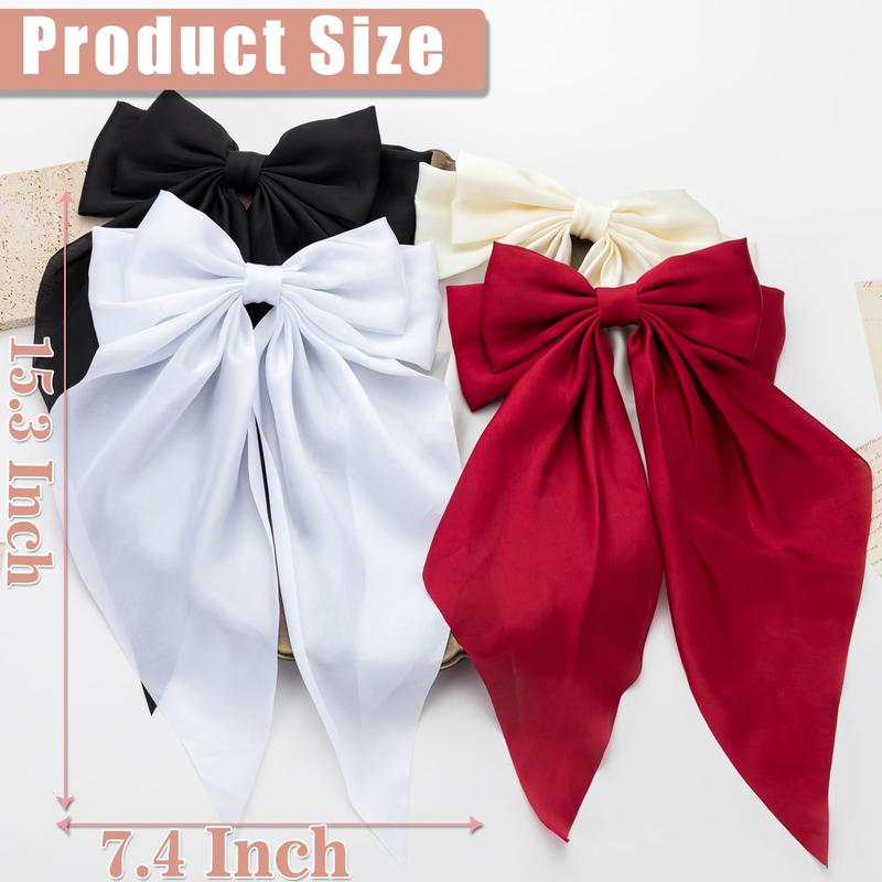 Hair Bows 4 count, Hair Bows for Women, Hair Ribbons, Oversized Long-tail Cute Aesthetic Hair Accessories, Large Hair Barrettes for Women, Bows for Girls (Wine red, white, black, white)