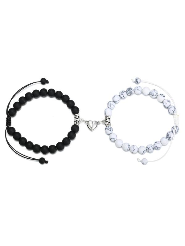 Unisex Magnetic Heart Charm Bracelets for Couple, 2pcs set Trendy Drawstring Design Beaded Bracelets, Chic All-match Vintage Jewelry As Gift for Daily Decor