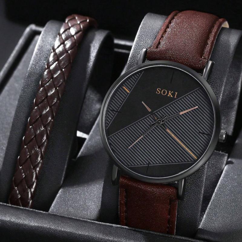 Men Watch 2pcs Set Men's Casual Black Quartz Watch And Bracelet Watch For Men Father's Day Gifts