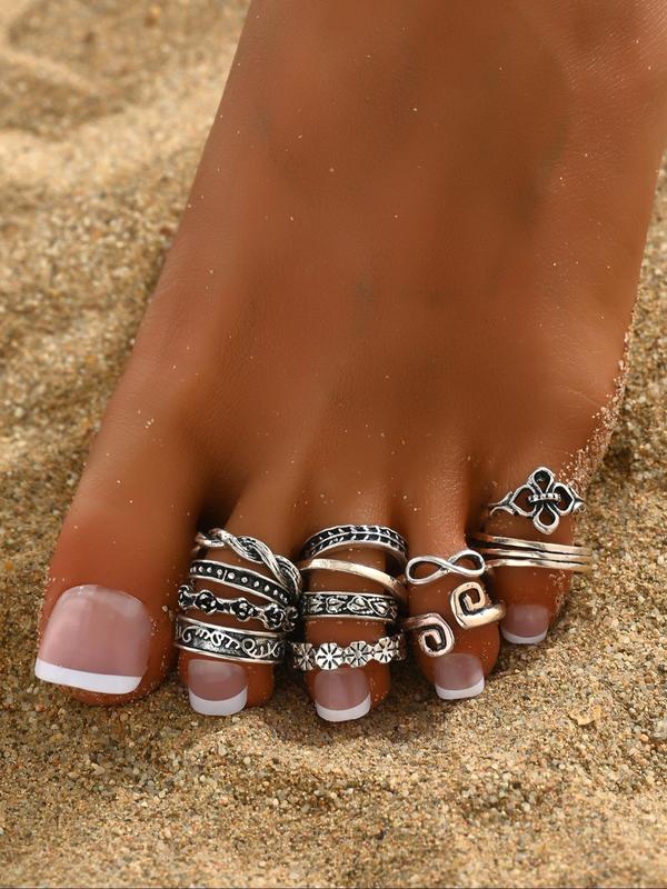 Boho Style Hollow Out & Flowers & Braid & Geometric Design Toe Rings, Summer Trendy All-match & Exquisite Jewelry for Party, Daily Clothing Decor