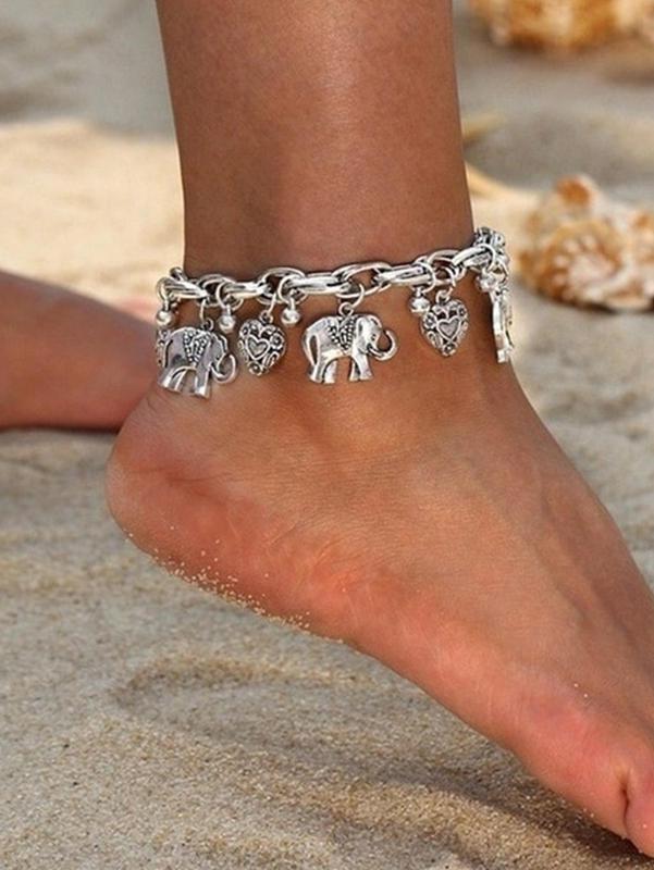 Women's Elephants & Hearts Design Charm Anklet, Fashionable Boho Style Animal Charm Decor Anklet, Casual Alloy Ankle Vintage Jewelry for Beach Essentials, Cool Female Accessories