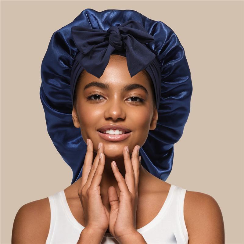 Solid Color Double-Layer Long Satin Bonnet Sleep Cap Adjustable Care Night Sleeping Cap for Women Braids Curly Hair Wrap for Bonnets with Tie Band