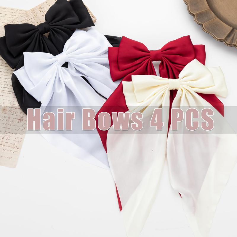 Hair Bows 4 count, Hair Bows for Women, Hair Ribbons, Oversized Long-tail Cute Aesthetic Hair Accessories, Large Hair Barrettes for Women, Bows for Girls (Wine red, white, black, white)