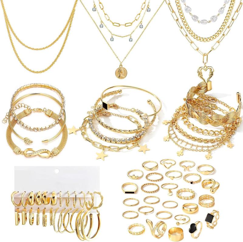 38-59 Pcs(9-8 Pack)  Jewelry Set for Women With 8 Necklace 12 Bracelet 27 Ring 12 Pair Earring Hoop Simple Sparkle for Happy