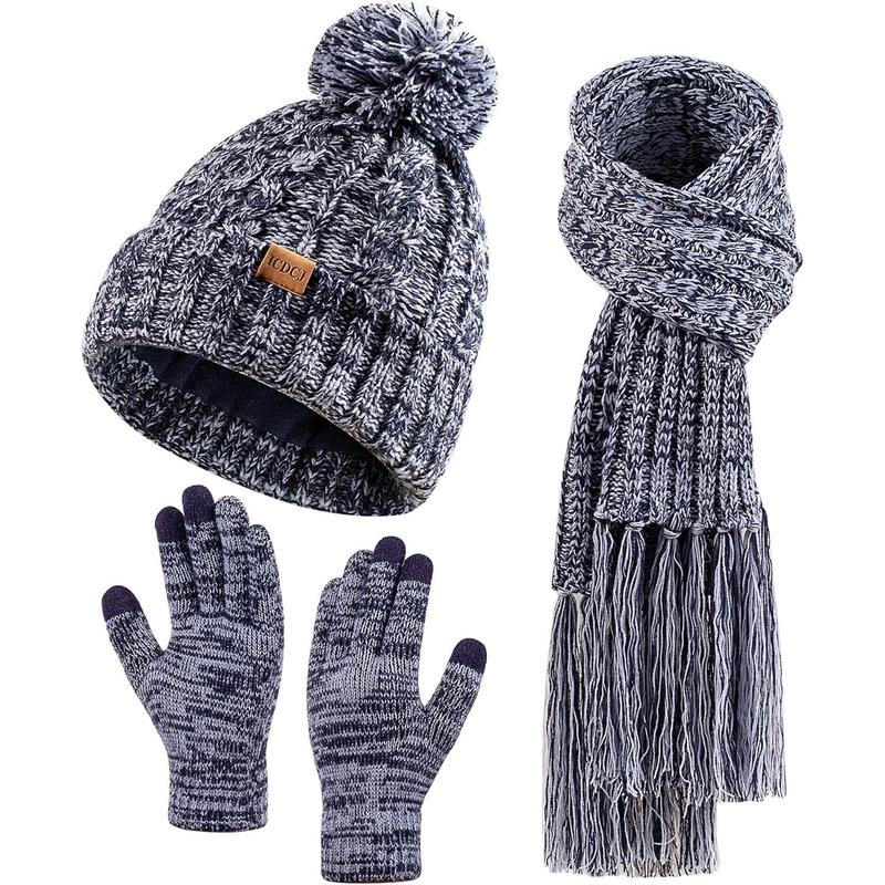 Women Winter Knit Warm Hat Beanie Scarf Gloves Set Pom Fleece Lined Hat with Long Knit Scarf, Neck Warmer Touchscreen Gloves winter hat