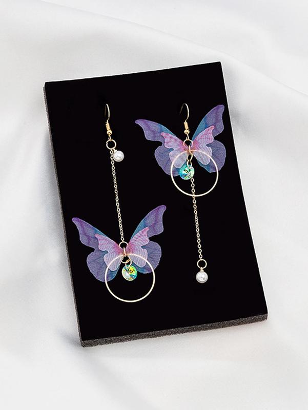 1 Pair Elegant Fashion Colorful Butterfly Alloy Dangle Earrings, Faux Pearl Rhinestone Decoration Women's Casual Accessories