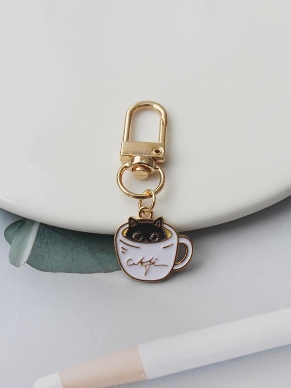 Cute Cat Design Keychain Set, Coffee Cup Cat Keychain, Alloy Pendant Bag Accessory Pendant, Creative Keychain, Backpack Pendant, Bag Charms