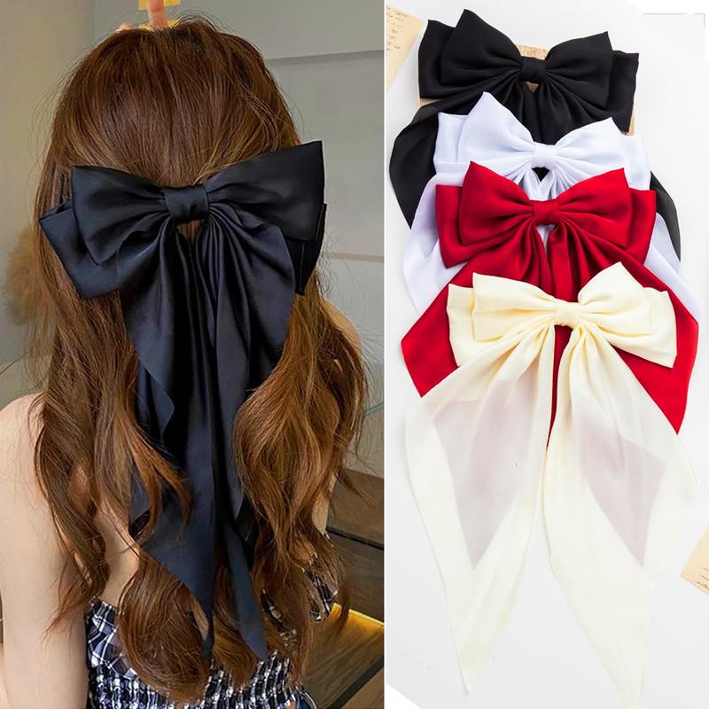 Hair Bows 4 count, Hair Bows for Women, Hair Ribbons, Oversized Long-tail Cute Aesthetic Hair Accessories, Large Hair Barrettes for Women, Bows for Girls (Wine red, white, black, white)