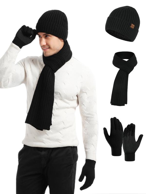 3pcs Men's & Women Winter Outdoor Sweater Scarf & Hat & Gloves Set, Casual Solid Color Touch Screen Non-slip Fashion Accessory Sets for Fall & Winter for Daily Wear