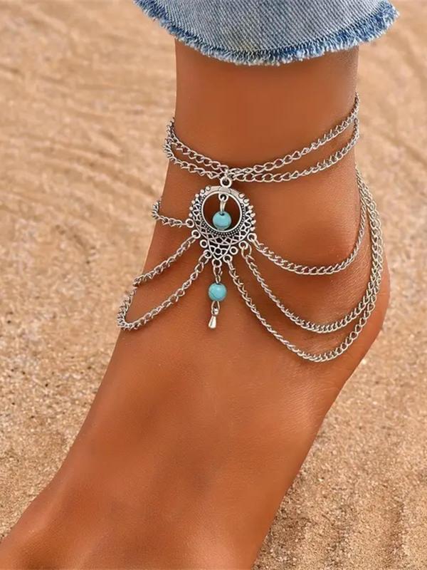 Boho Style Turquoise Decor Multi-layered Adjustable Strap Anklet,  Trendy All-match & Exquisite Jewelry for Women & Girls for Party & Daily Cloth Decor