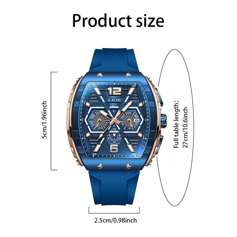 LIGE Sports Men's Watch: Student-Friendly, Comfortable Fit, Rectangular Dial, Silicone Strap, 50M Water-Resistant, Night Glow. Men's Sporty Digital Analog Watch