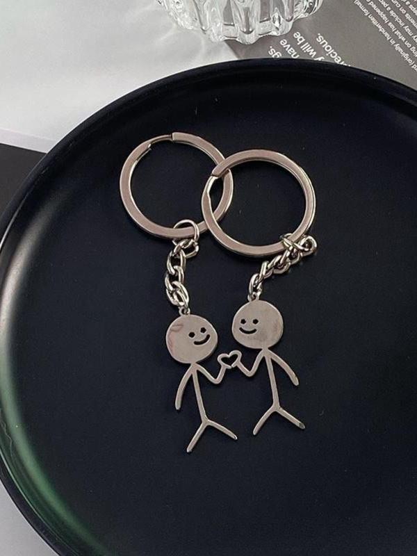 Cute Cartoon Stickman Design Heart Keychain, Fashionable Stainless Steel Keychain for Women & Men, Trendy All-match Keychain for Birthday Gift