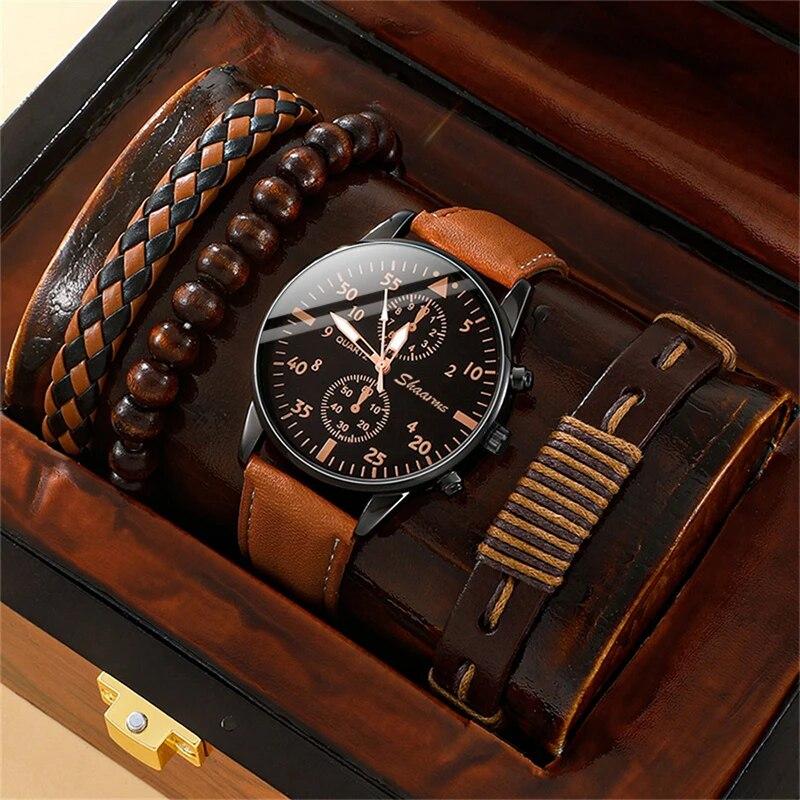 Christmas Gift New Men Watch Luxury Bracelet Set Fashion Business Brown Leather Quartz Wrist Watches for Men Gift Set Relogio Masculino