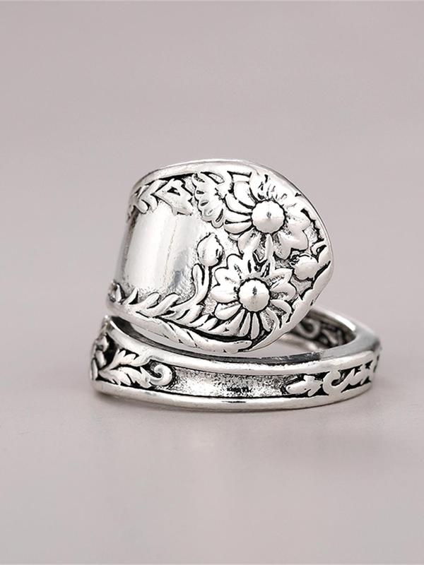 Vintage Flower Design Cuff Ring, Fashionable Jewelry for Women & Girls, Elegant All-match Fashion Anniversary Party Jewelry Gift