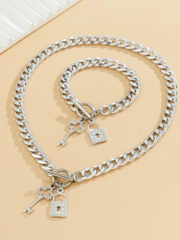 Women's Fashion Lock & Key Pendant Chain Bracelet & Necklace (2pcs), with Rhinestone Decor, Fashion Jewelry for Party, Daily Clothing Decor, Trendy All-match & Exquisite Jewelry for Birthday Gift