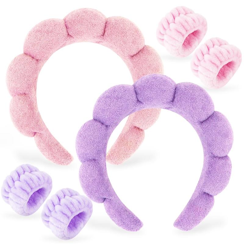 2 Set  Headbands for Washing  and Wristband Set,  Care Headband Sponge Facial Skincare Headbands Terry Cloth Puffy Makeup Accessories for Women Girls (Pink&Purple)