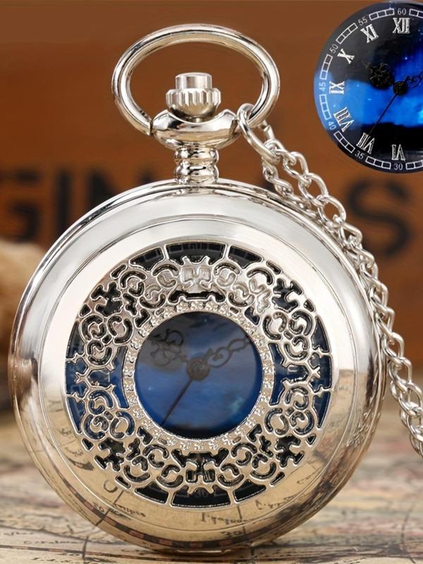 Men's Vintage Flower Carving Design Round Dial Quartz Pocket Watch, Fashion Watch for Party, Daily Clothing Decor, Trendy All-match & Exquisite Watch for Birthday Gift