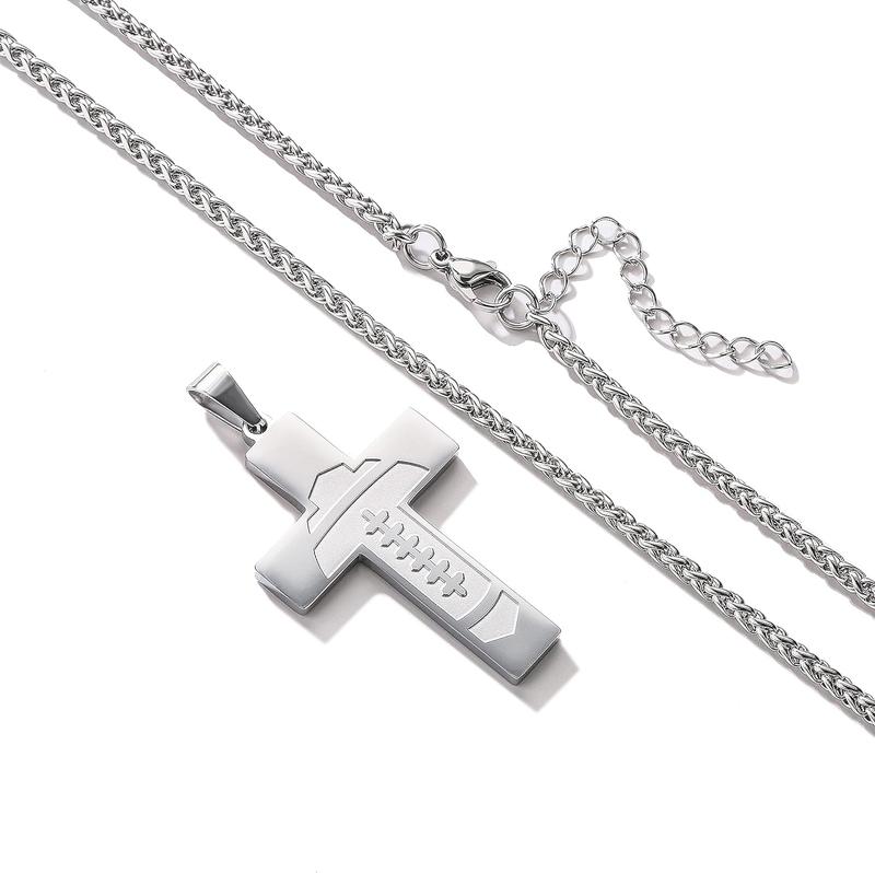 Football Cross Necklace for Boys Men Stainless Steel Bible Verse Pendant with 20+2 Inch Chain First Communion Baptism Religious Sports Jewelry Gift