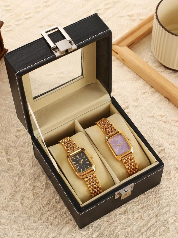 Women's Elegant Rectangle Dial Quartz Watch Set, 2024 New Style Fashion Watch Set for Party, Daily Decor, Trendy All-match & Exquisite Watch Set for Gift with Box