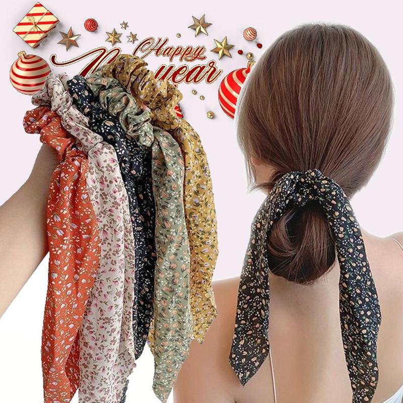 Floral Print Scrunch Band (5 Counts), Colorful Printed Hair Tie, French Scrunchie, Ponytail Holder, Hair Accessories for Women & Girls