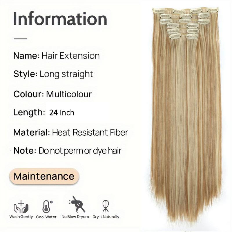 Enchanted Hair Summer 24 Inch Hair Extensions, Clip-in Hair Extensions for Party Style, 6pcs Long Straight Synthetic Wigs, Heat Resistant Synthetic Hair Extensions, Female 2024 Trendy Matching Natural Looking Wig Piece for Party, Club, Graduation Look