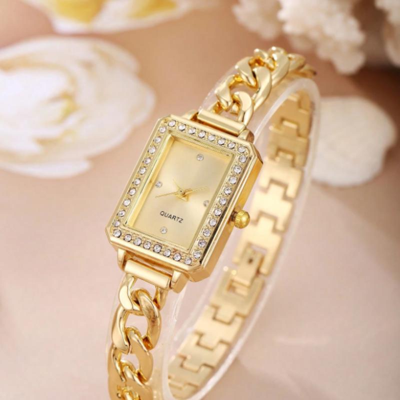 Ladies' Quartz Watch With Elegant Rectangular Dial, Rhinestone Embellished Cuff Bracelet Wristwatch