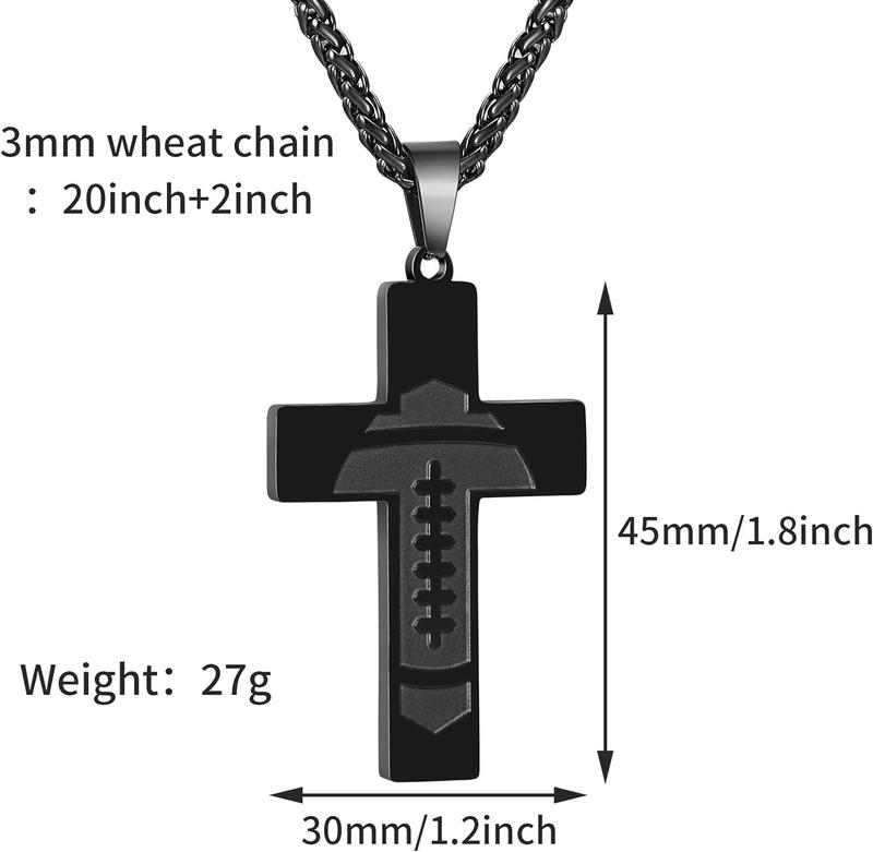 Football Cross Necklace for Boys Men Stainless Steel Bible Verse Pendant with 20+2 Inch Chain First Communion Baptism Religious Sports Jewelry Gift