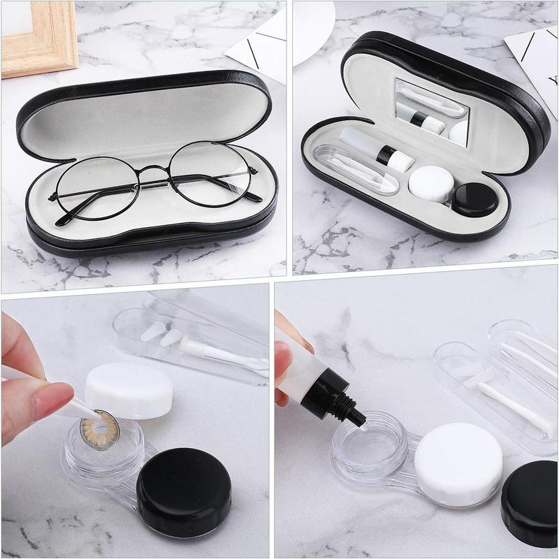 Double Eyeglass Case, Contact Lens Case with Mirror , 2 in 1 Double Sided Portable Contact Lens Box Holder Storage Kit Sunglasses Pouch for Men & Women, Black