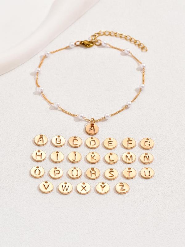 Women's Boho Style Faux Pearl Decor Anklet,  Round Shaped Letter Charm Anklet for Women & Girls, Fashion Vintage Jewelry for Summer Beach Vacation Decor