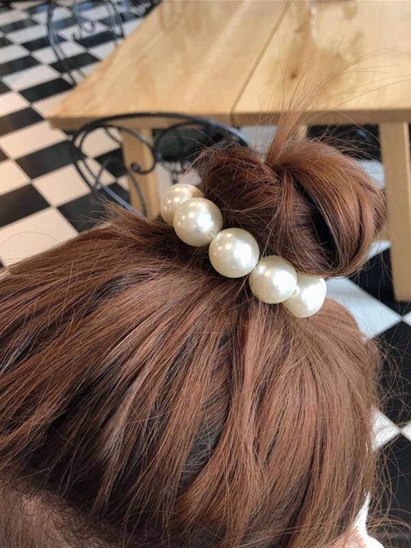 Elegant Faux Pearl Decorated Hair Tie, Seamless High Stretch Hair Tie for Women & Girls, Fashion Hair Accessories for Party, Daily Decor