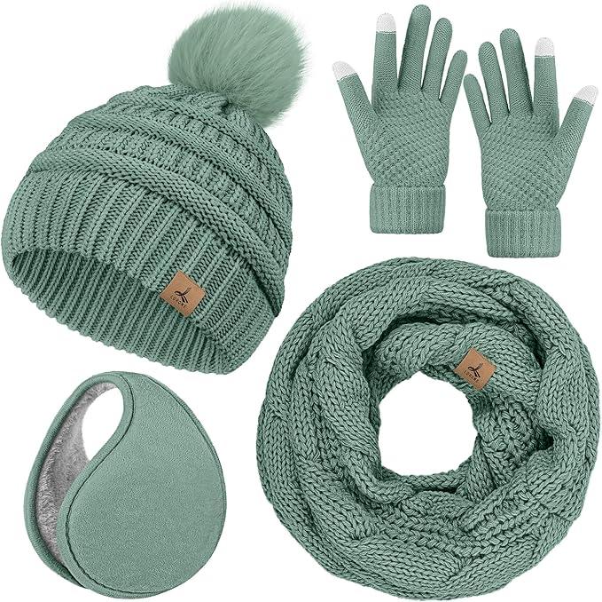 Winter Hat Scarf Gloves and Ear Warmer, Warm Knit Beanie Hat Touch Screen Gloves Set Winter Gifts Neck Scarves for Women