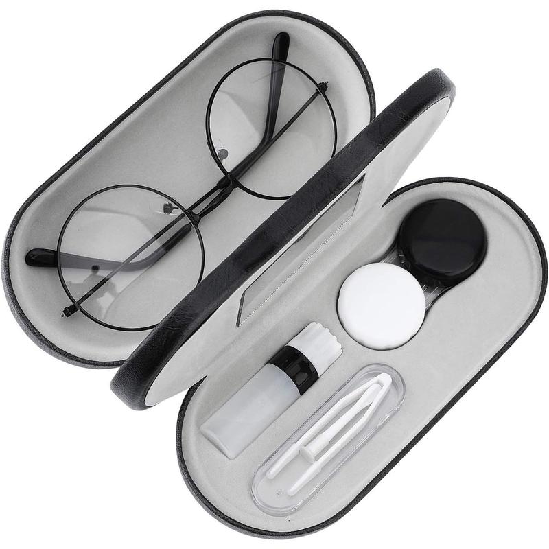 Double Eyeglass Case, Contact Lens Case with Mirror , 2 in 1 Double Sided Portable Contact Lens Box Holder Storage Kit Sunglasses Pouch for Men & Women, Black