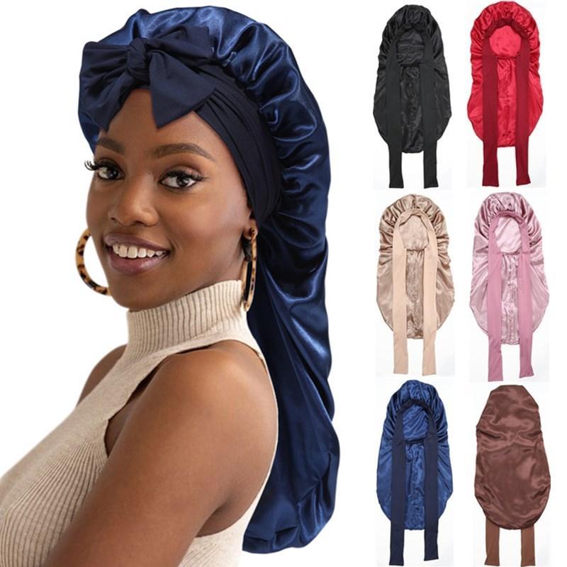 Solid Color Double-Layer Long Satin Bonnet Sleep Cap Adjustable Care Night Sleeping Cap for Women Braids Curly Hair Wrap for Bonnets with Tie Band