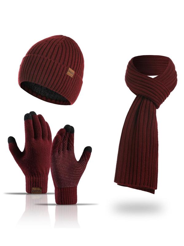 3pcs Men's & Women Winter Outdoor Sweater Scarf & Hat & Gloves Set, Casual Solid Color Touch Screen Non-slip Fashion Accessory Sets for Fall & Winter for Daily Wear