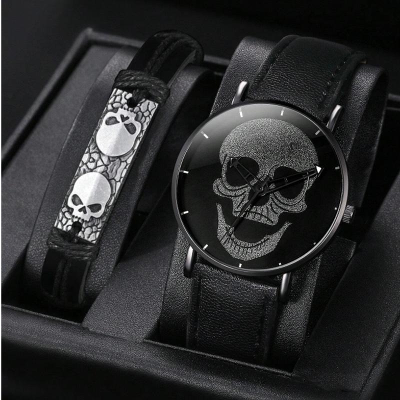 Men Watch 2pcs Set Men's Casual Black Quartz Watch And Bracelet Watch For Men Father's Day Gifts