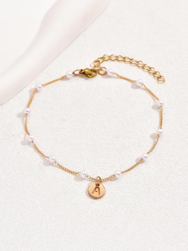 Women's Boho Style Faux Pearl Decor Anklet,  Round Shaped Letter Charm Anklet for Women & Girls, Fashion Vintage Jewelry for Summer Beach Vacation Decor