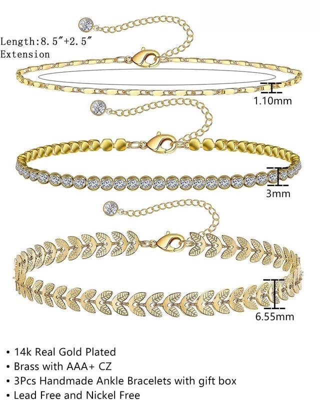 Ankle Bracelets for Women   Plated Anklet  Tennis Rose Quartz Cross Bead Herringbone Snake Paperclip Chain Cubic Zirconia Dainty Layered Anklet Set 3 count